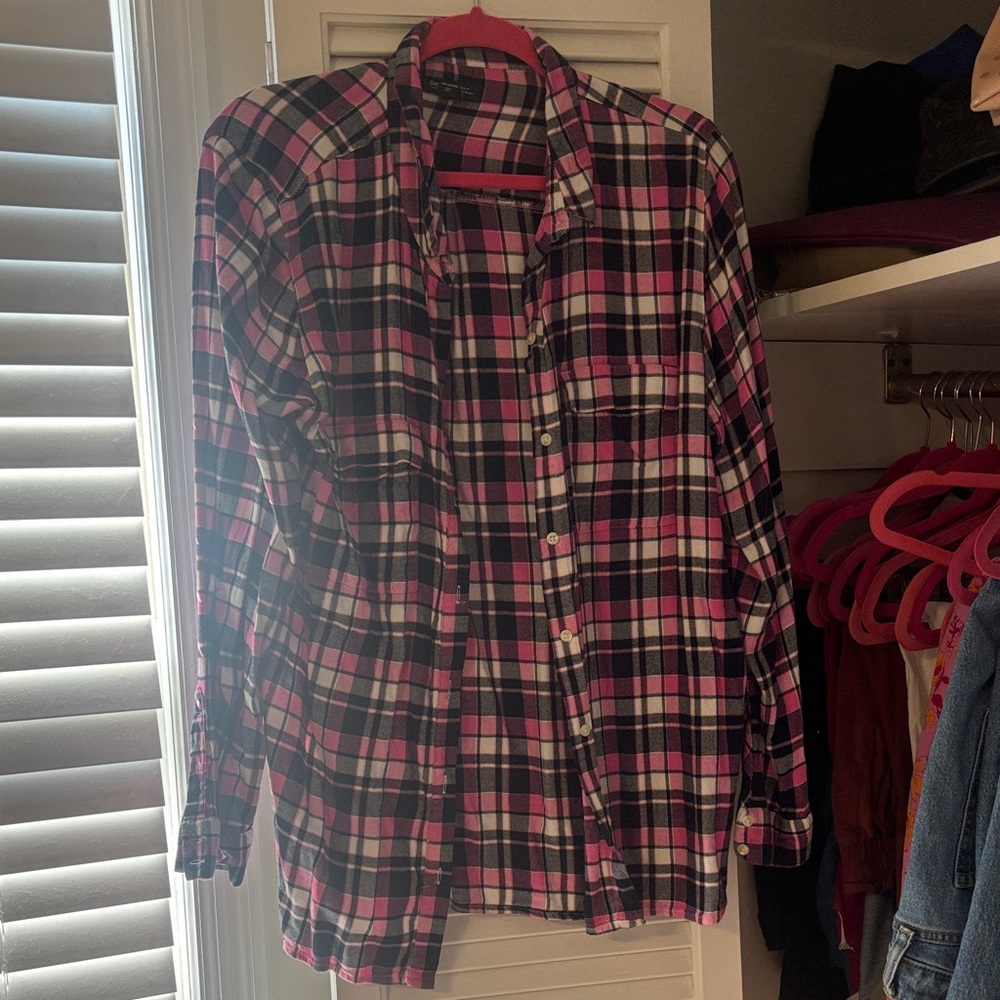 Plaid Button-Up Shirt - Pink and navy